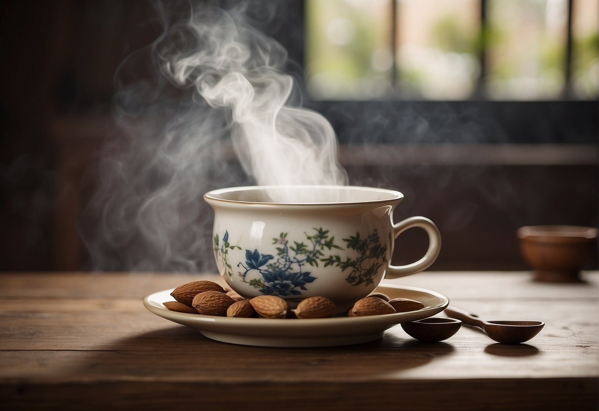 A steaming pot of Chinese almond tea sits on a wooden table, surrounded by almond shells and a mortar and pestle. A traditional teacup and saucer are placed next to the pot, with steam rising from the fragrant brew