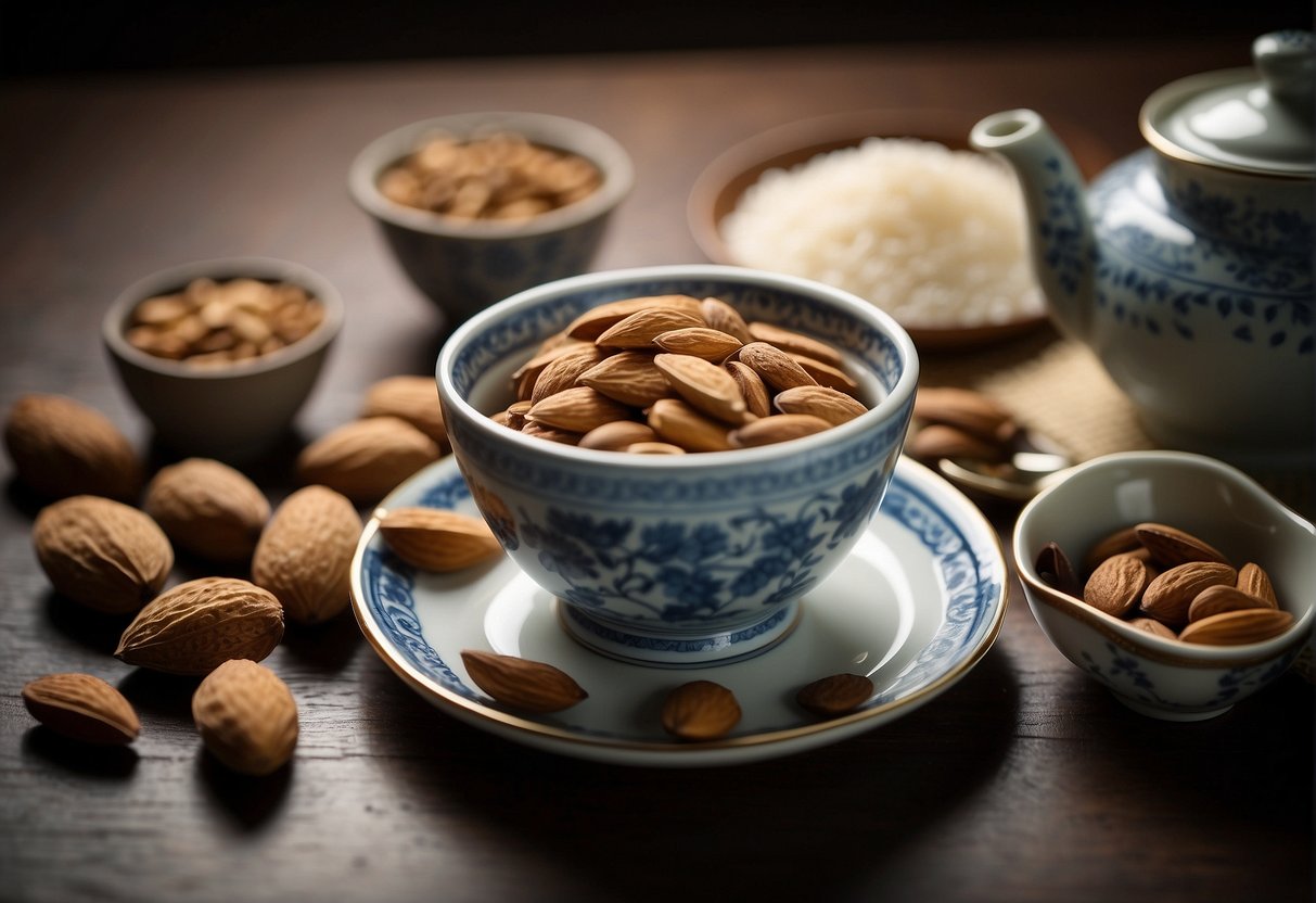 A table with bowls of almonds, sugar, and tea leaves. A pot of boiling water and a strainer nearby. A recipe book open to the Chinese almond tea page
