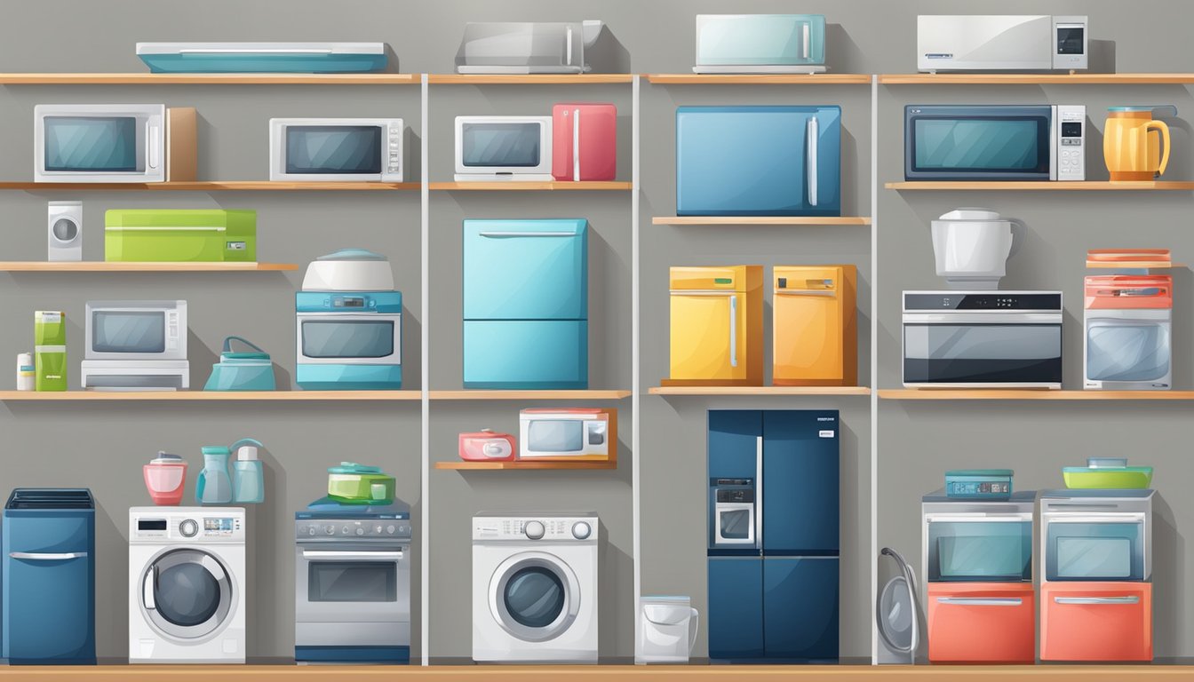 Various electronic home appliances brands lined up on shelves, including refrigerators, ovens, microwaves, and washing machines