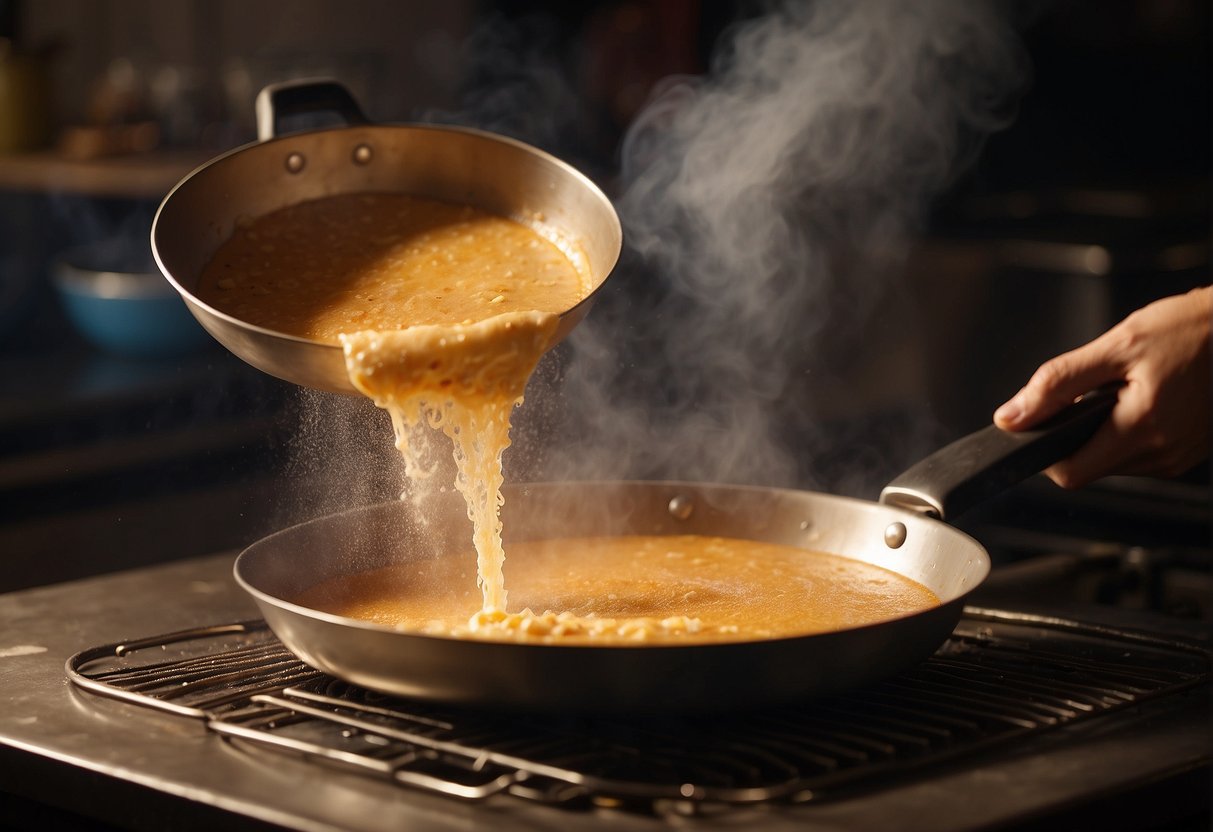 A hand pours batter onto a sizzling pan, creating a circular shape. Steam rises as the appam cooks to a golden brown