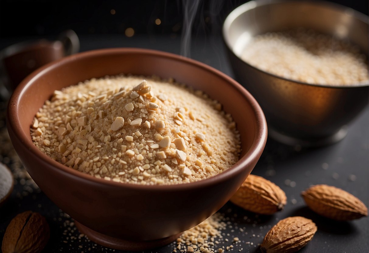 Almonds are being ground into a fine powder. Boiling water is poured over the almond powder in a pot. The mixture is stirred and simmered. Sugar is added and stirred until dissolved