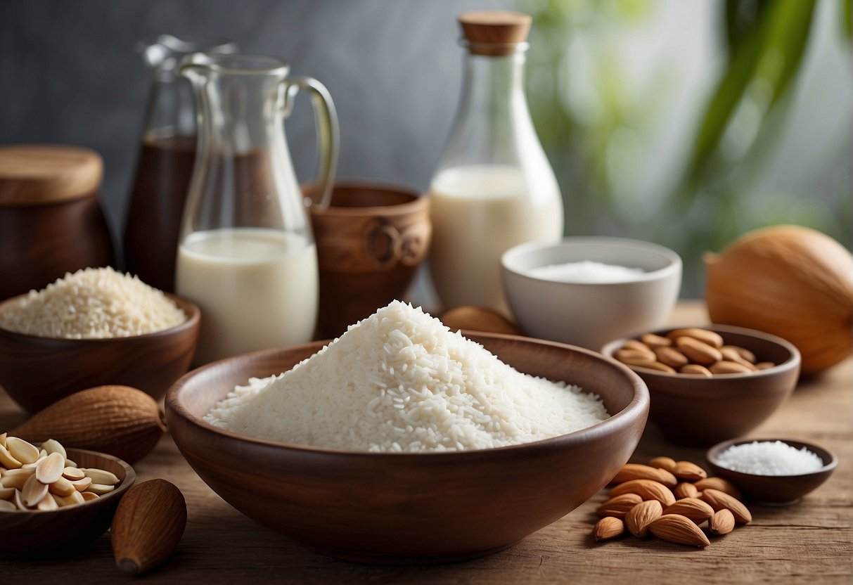 A table with various ingredients like rice flour, coconut milk, sugar, and a bowl of water. Possible substitutes such as all-purpose flour and almond milk are also displayed