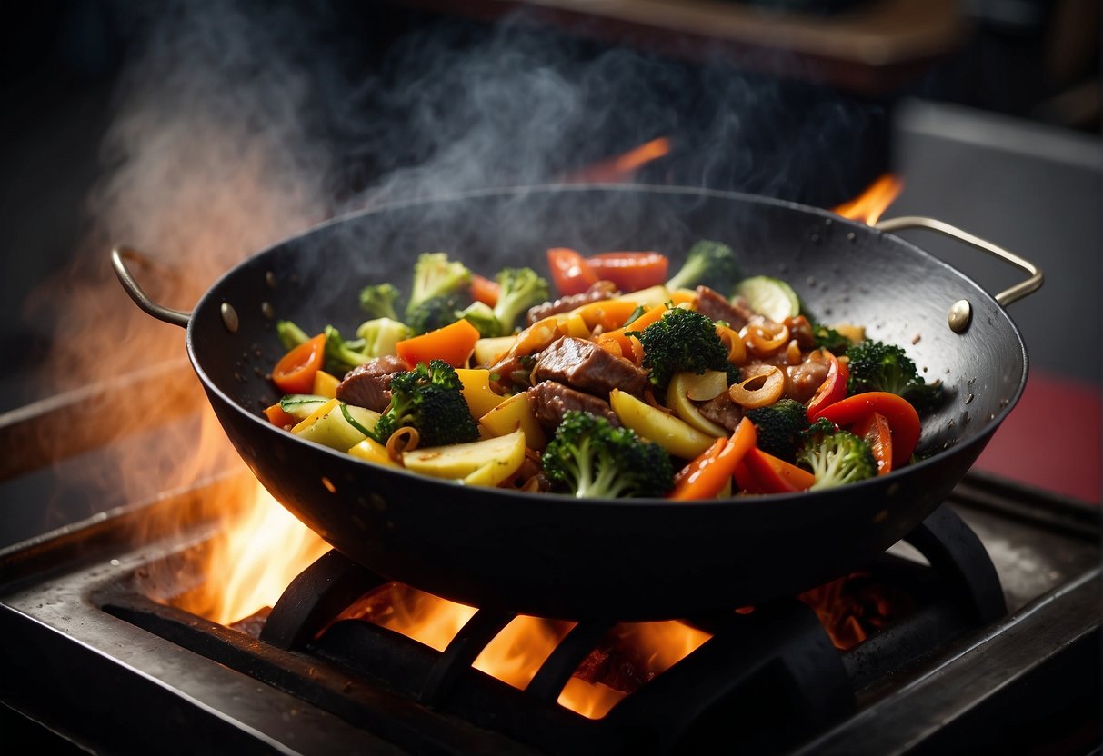 A sizzling Chinese wok filled with colorful stir-fried vegetables and tender pieces of meat, emitting a mouth-watering aroma