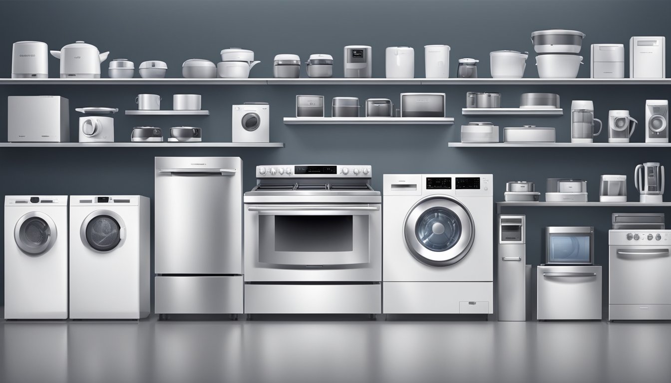 Top electronic home appliance brands displayed on shelves in a modern, well-lit showroom