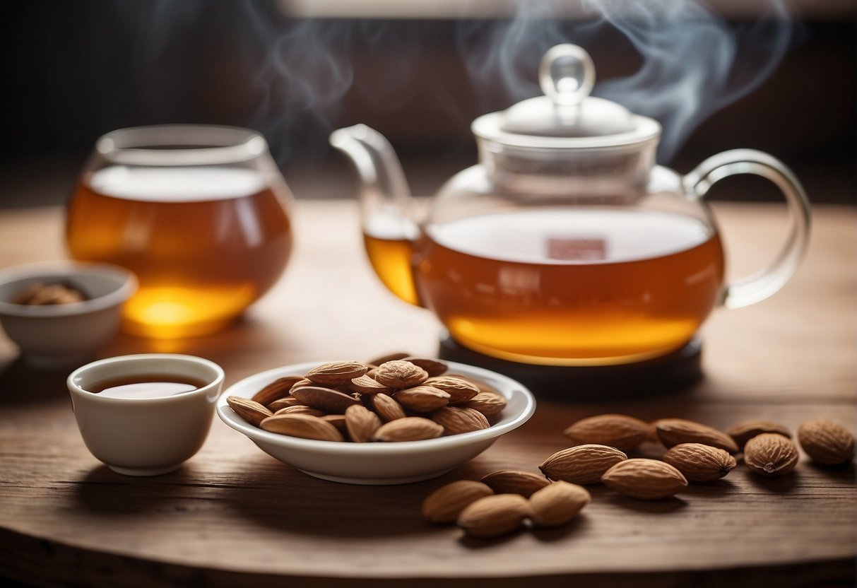 A steaming cup of Chinese almond tea sits on a wooden table, surrounded by almond slices and a small teapot