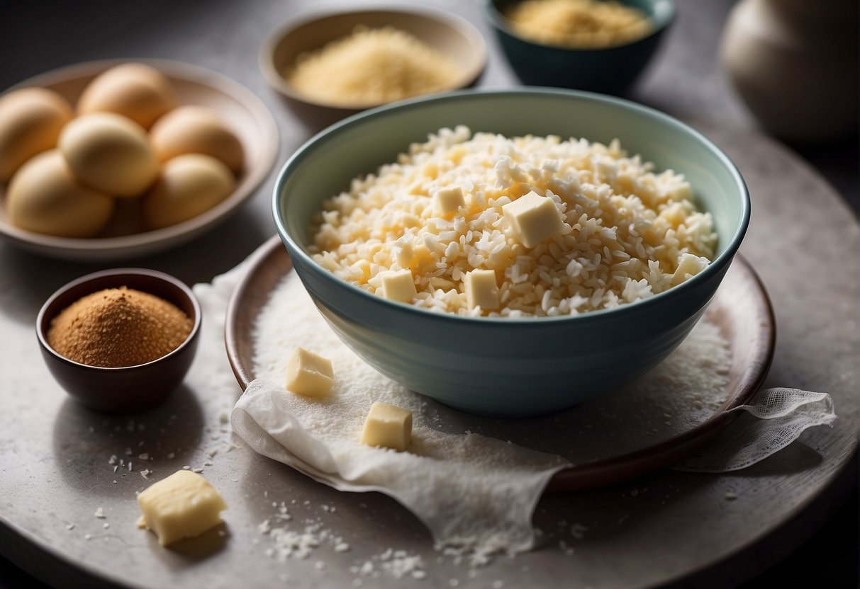 A bowl of batter sits on a kitchen counter, surrounded by ingredients like rice flour, coconut milk, and sugar. A whisk and measuring cups are nearby