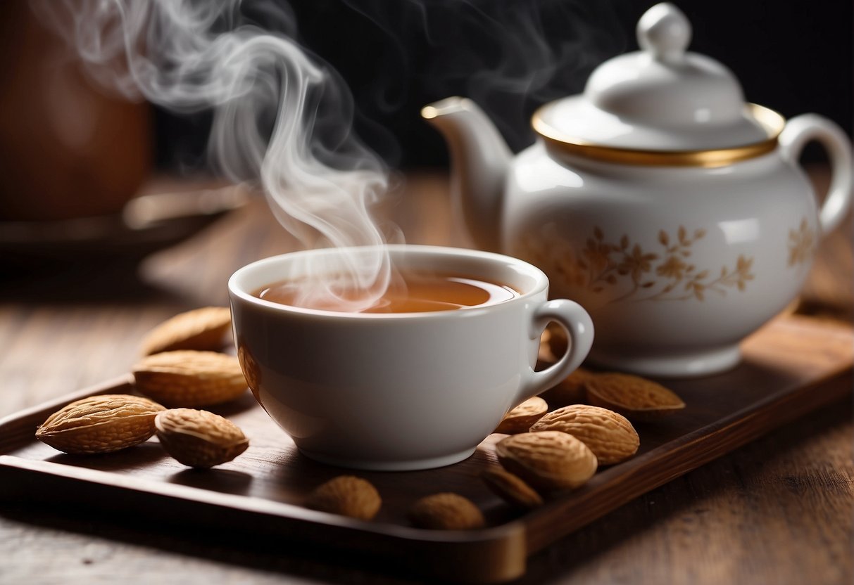 A steaming cup of Chinese almond tea surrounded by scattered almond slices and a decorative tea set on a wooden table