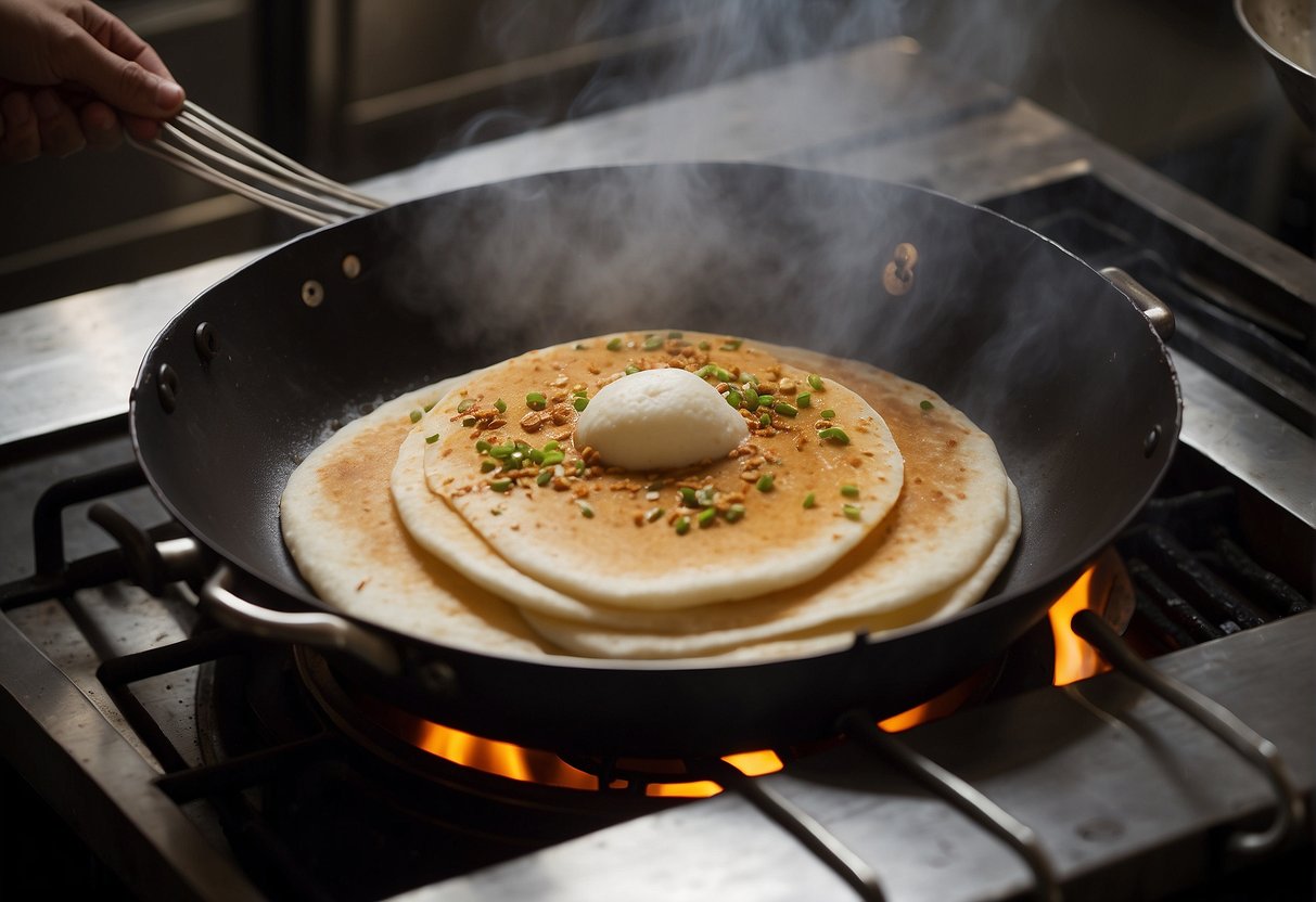 A wok sizzles with hot oil as a cook pours batter onto its surface, creating perfectly round Chinese appam pancakes