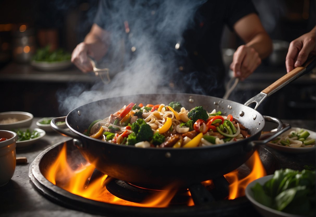 A sizzling Chinese wok filled with vibrant ingredients, steam rising, as a chef stirs and tosses the fragrant and flavorful dish