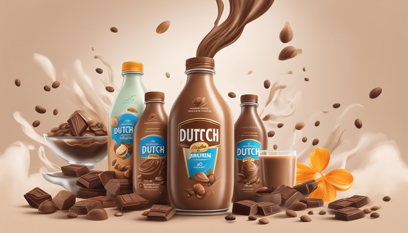 A table with various branded bottles of Dutch chocolate milk, surrounded by cacao pods and swirling wisps of steam
