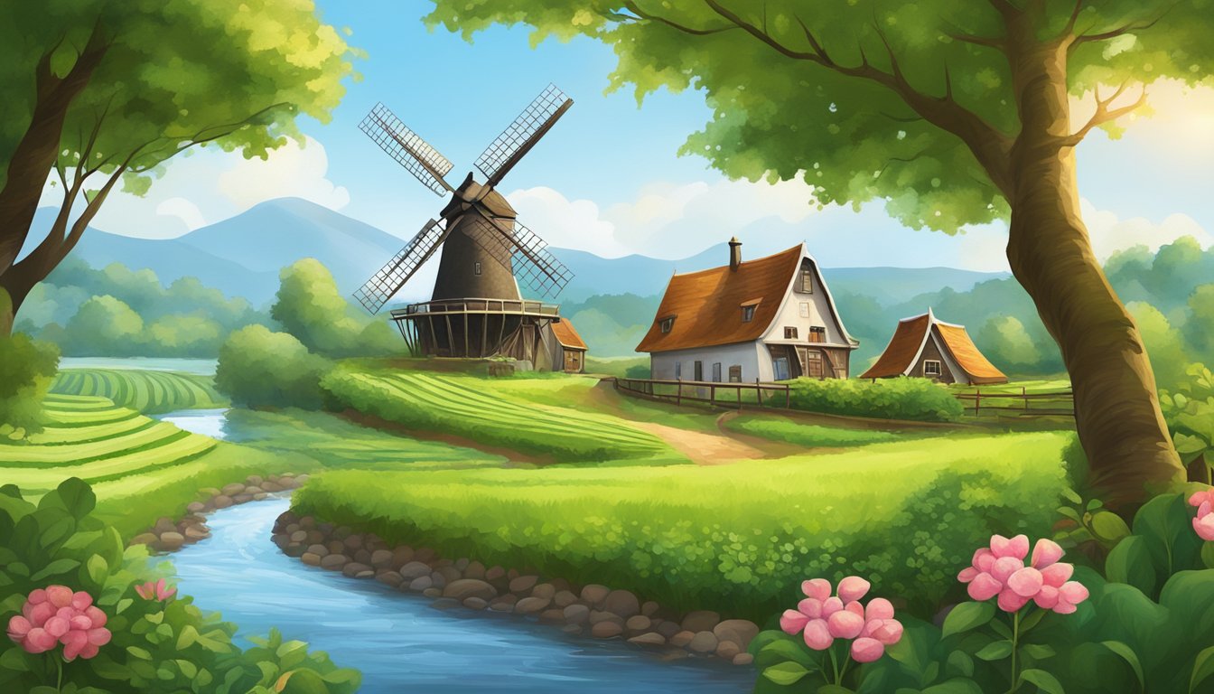 A windmill stands tall in a lush green field, surrounded by cacao trees and a quaint Dutch village, with a river flowing nearby