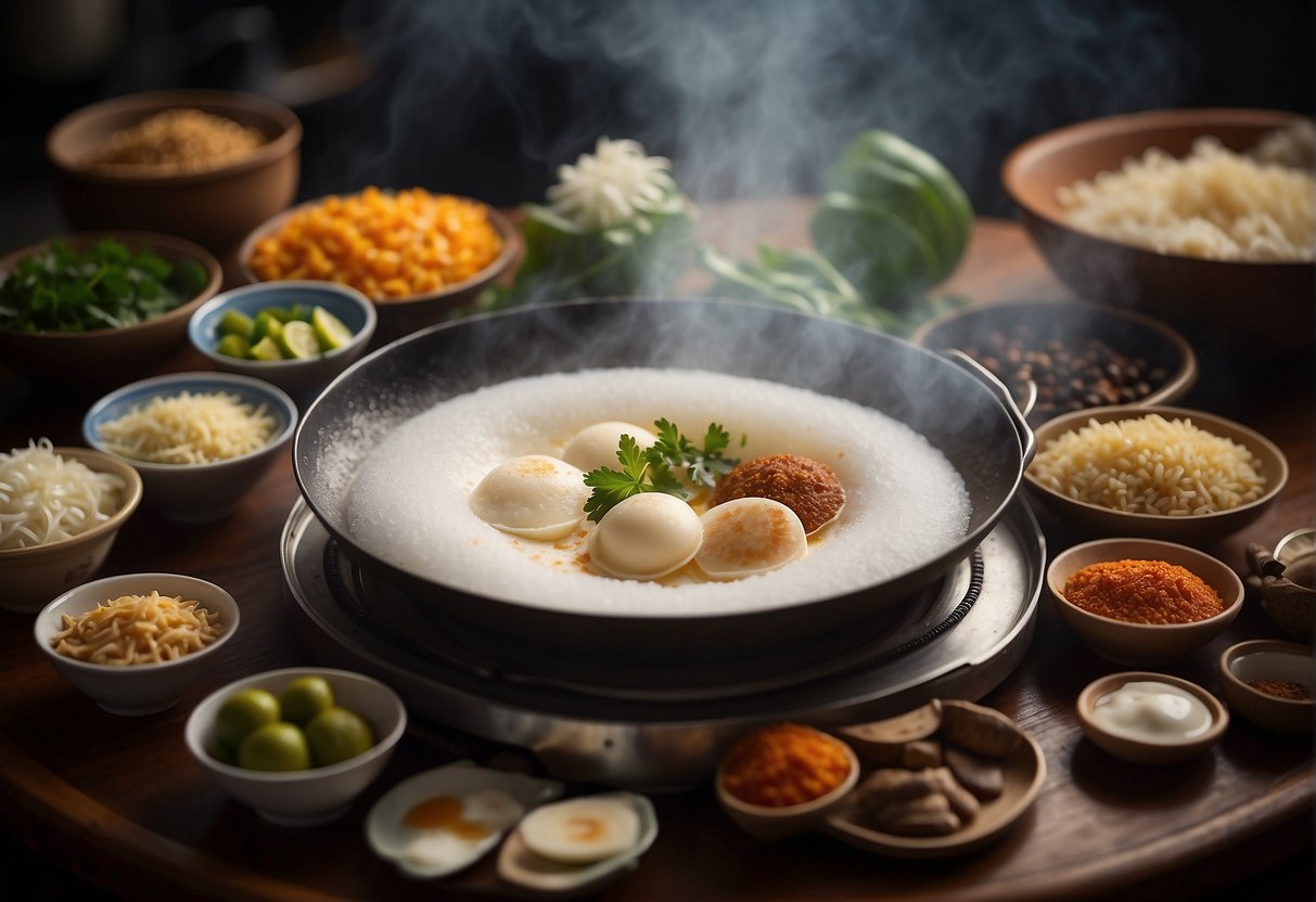 A steaming plate of Chinese appam, surrounded by ingredients and utensils, with a list of frequently asked questions displayed on a digital screen