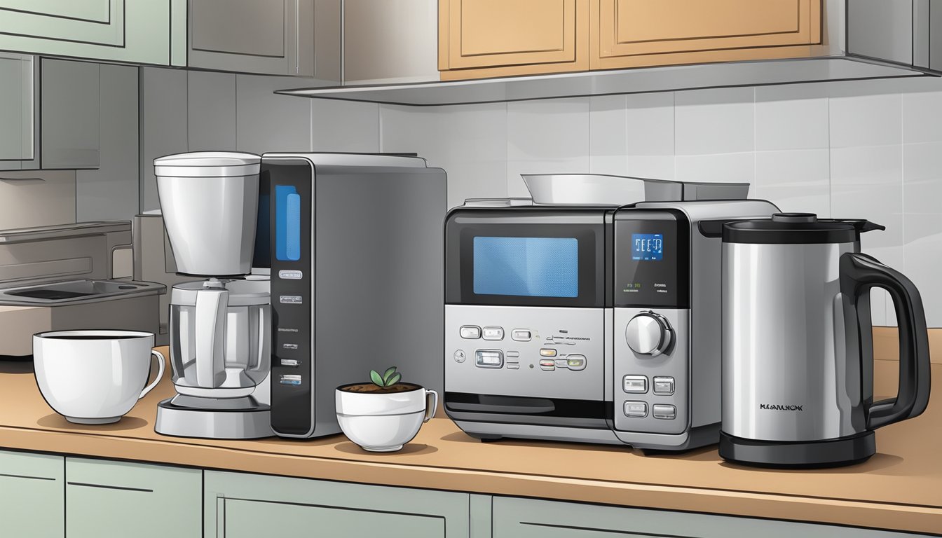Various electronic appliances arranged on a kitchen countertop, including a microwave, coffee maker, toaster, and blender. Each appliance is plugged in and ready for use