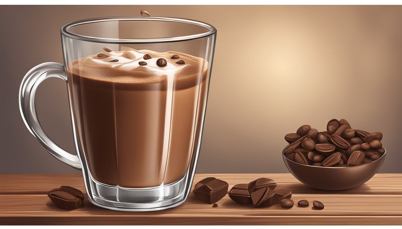 A glass of rich, creamy Dutch chocolate milk sits on a rustic wooden table, surrounded by cocoa beans and a splash of milk