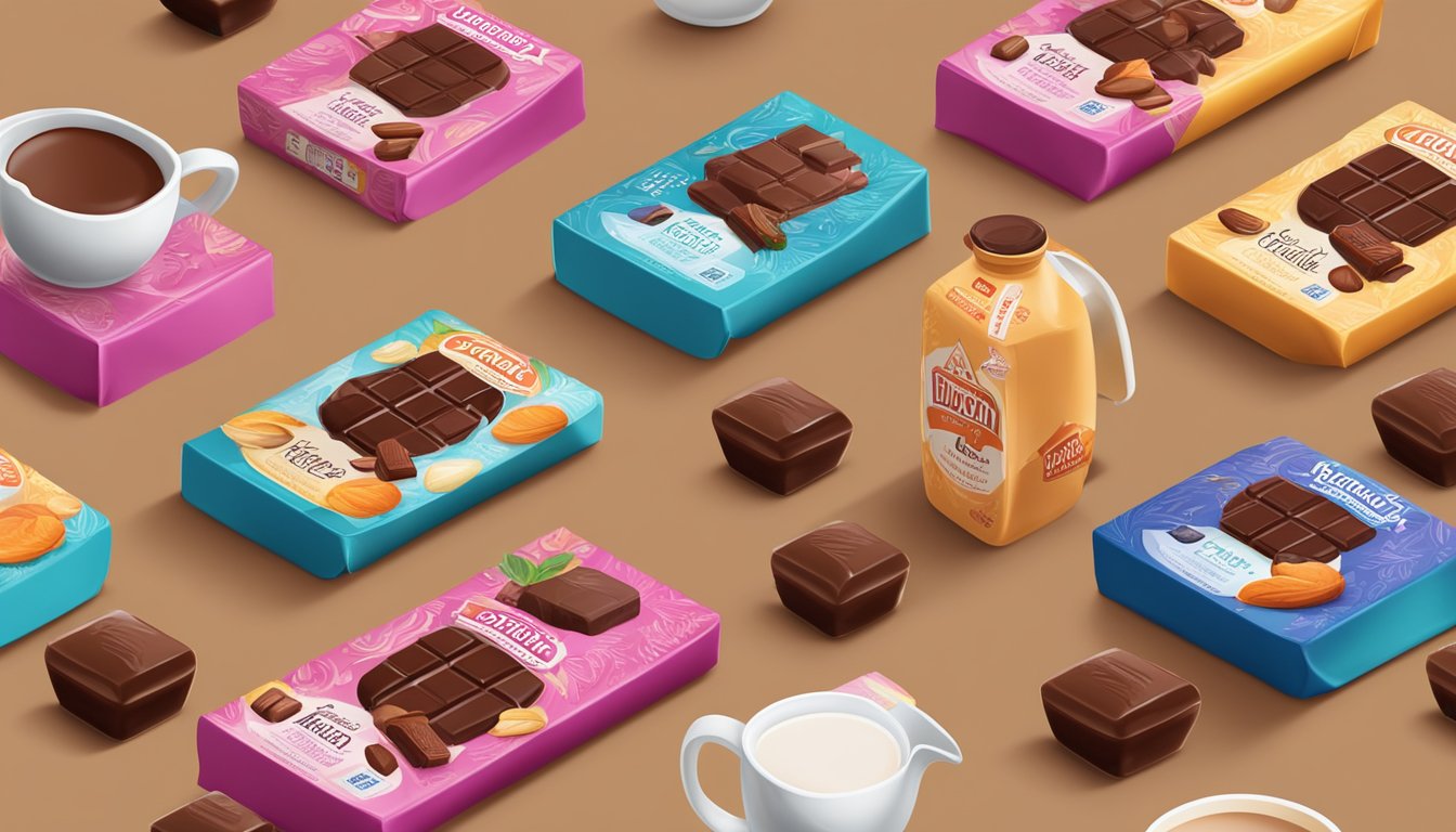 A table with various Dutch chocolate milk brands displayed in colorful packaging, surrounded by cacao pods and milk jugs