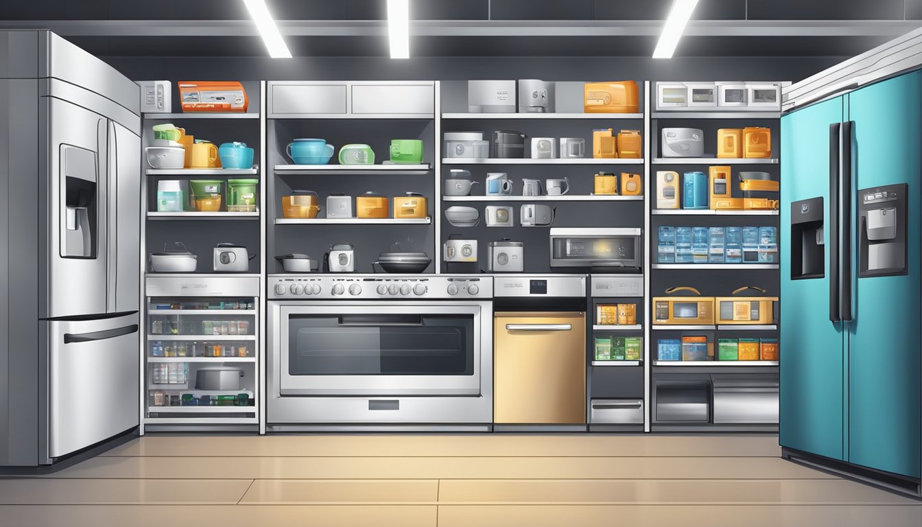 Various electronic home appliances from different brands displayed on shelves in a store. Labels and prices are visible, with a focus on quality and features