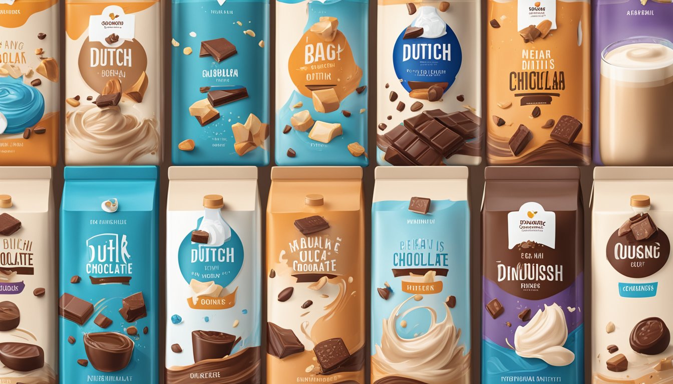 A display of various Dutch chocolate milk brands with bold packaging, arranged neatly on a shelf with clear labels and enticing imagery