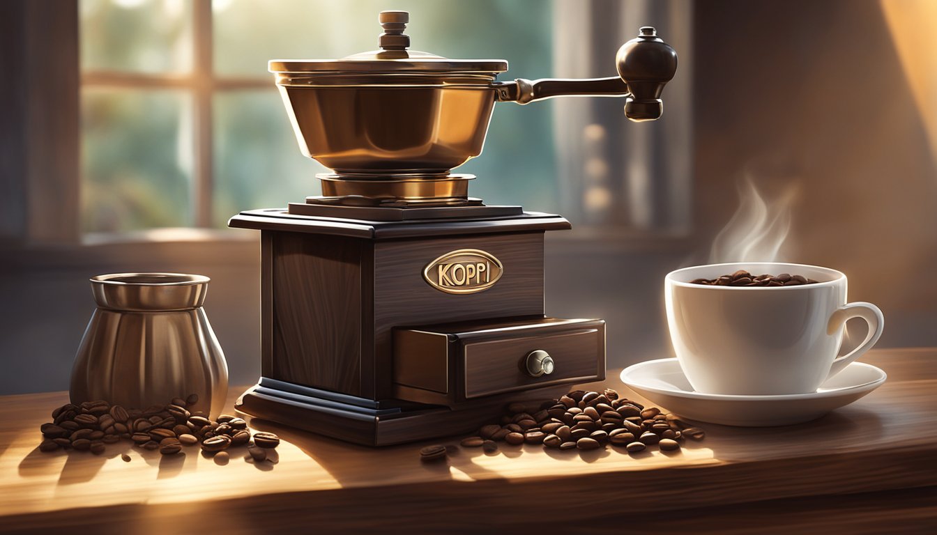 A steaming cup of "brand kopi" sits on a rustic wooden table, surrounded by scattered coffee beans and a vintage coffee grinder. Sunlight streams through a nearby window, casting warm, inviting shadows