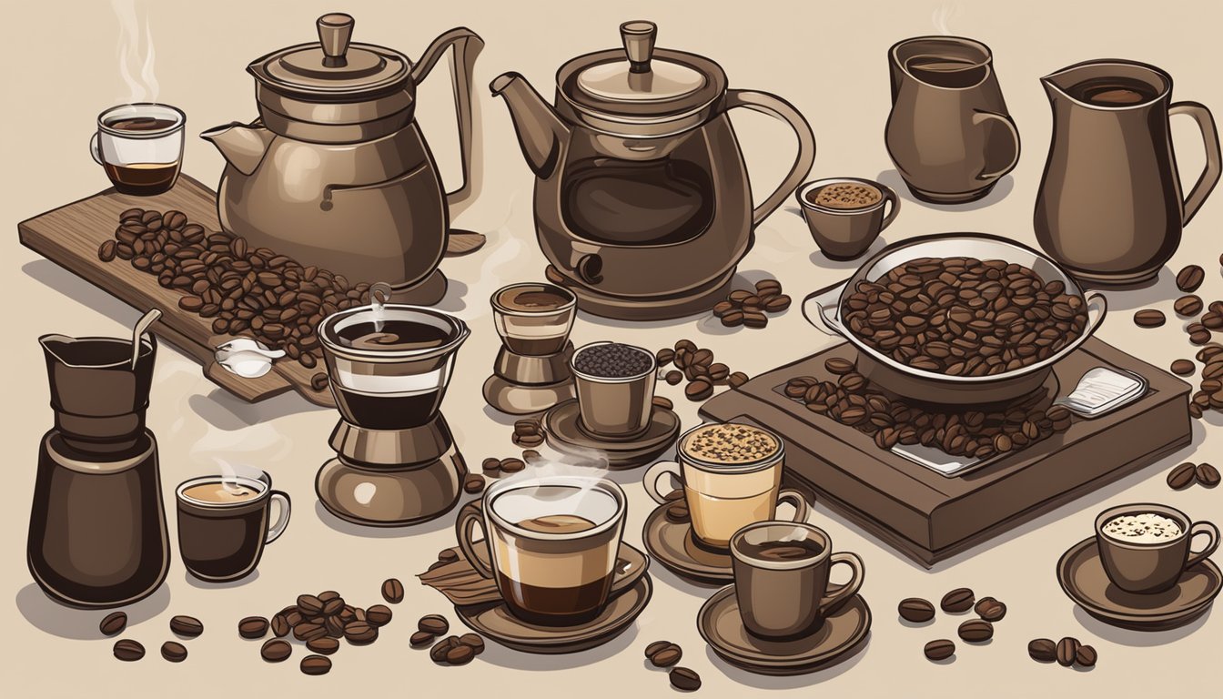 A table with various kopi varieties and tastes, including bags of coffee beans, brewing equipment, and cups filled with steaming kopi