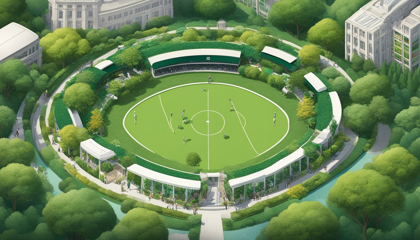A lush green park with a fountain, surrounded by iconic products such as a rugby ball, a polo shirt, and a baseball cap, all bearing the Eden Park brand logo