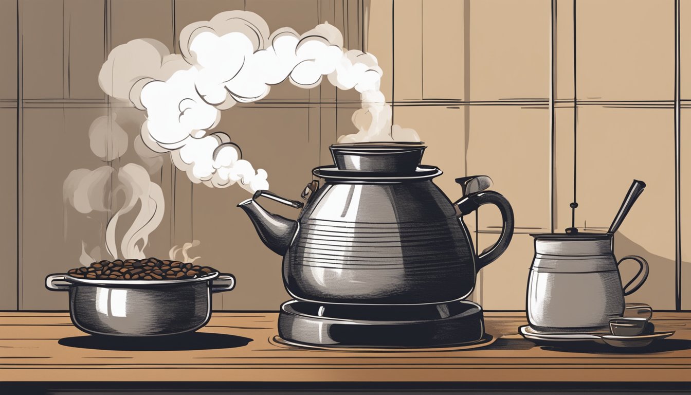 Steam rises from a traditional kopi pot as it brews over a charcoal stove. Aromatic coffee beans sit beside it, ready to be ground