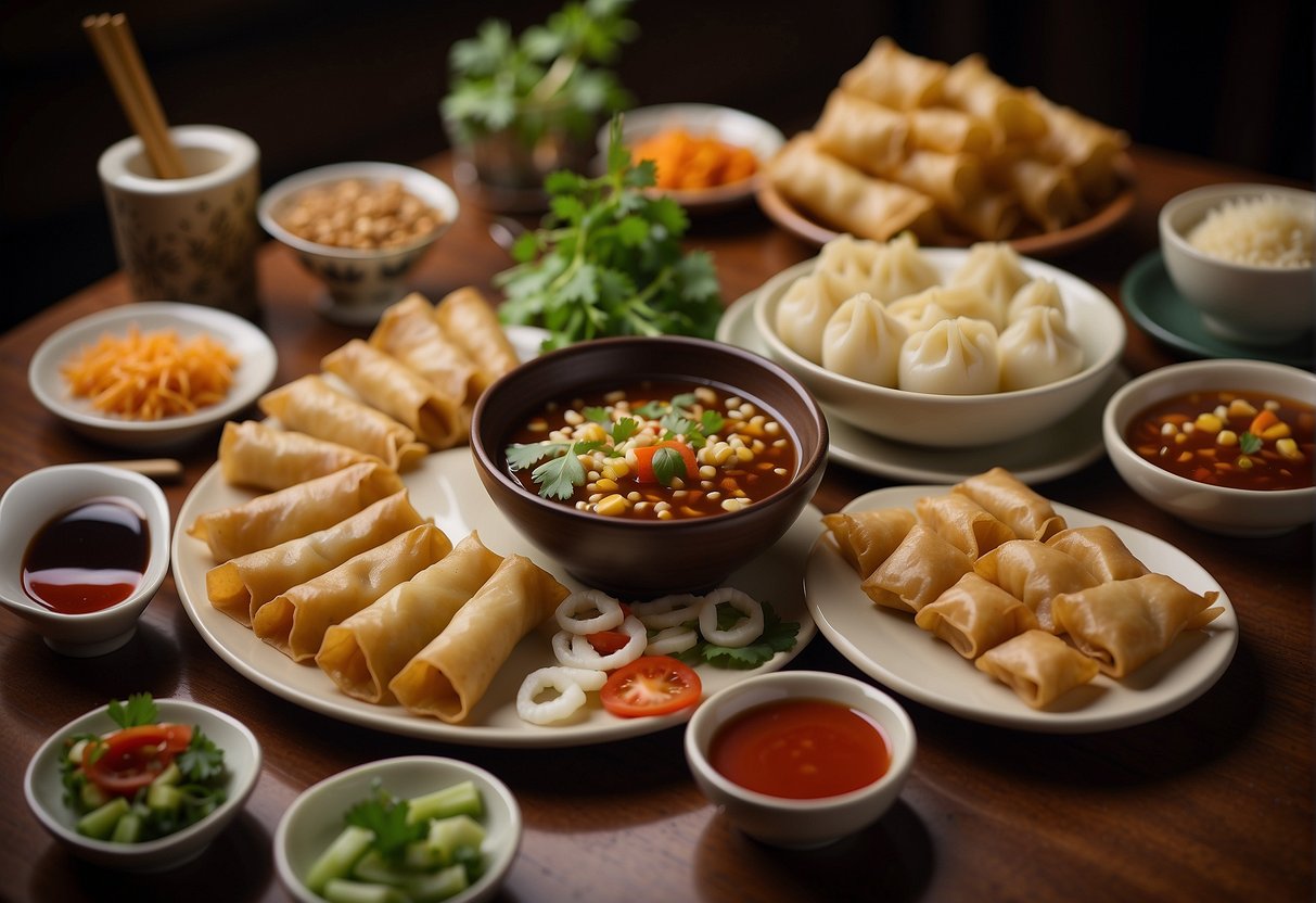 A table set with various Chinese appetizers, such as dumplings, spring rolls, and wontons, surrounded by decorative chopsticks and dipping sauces