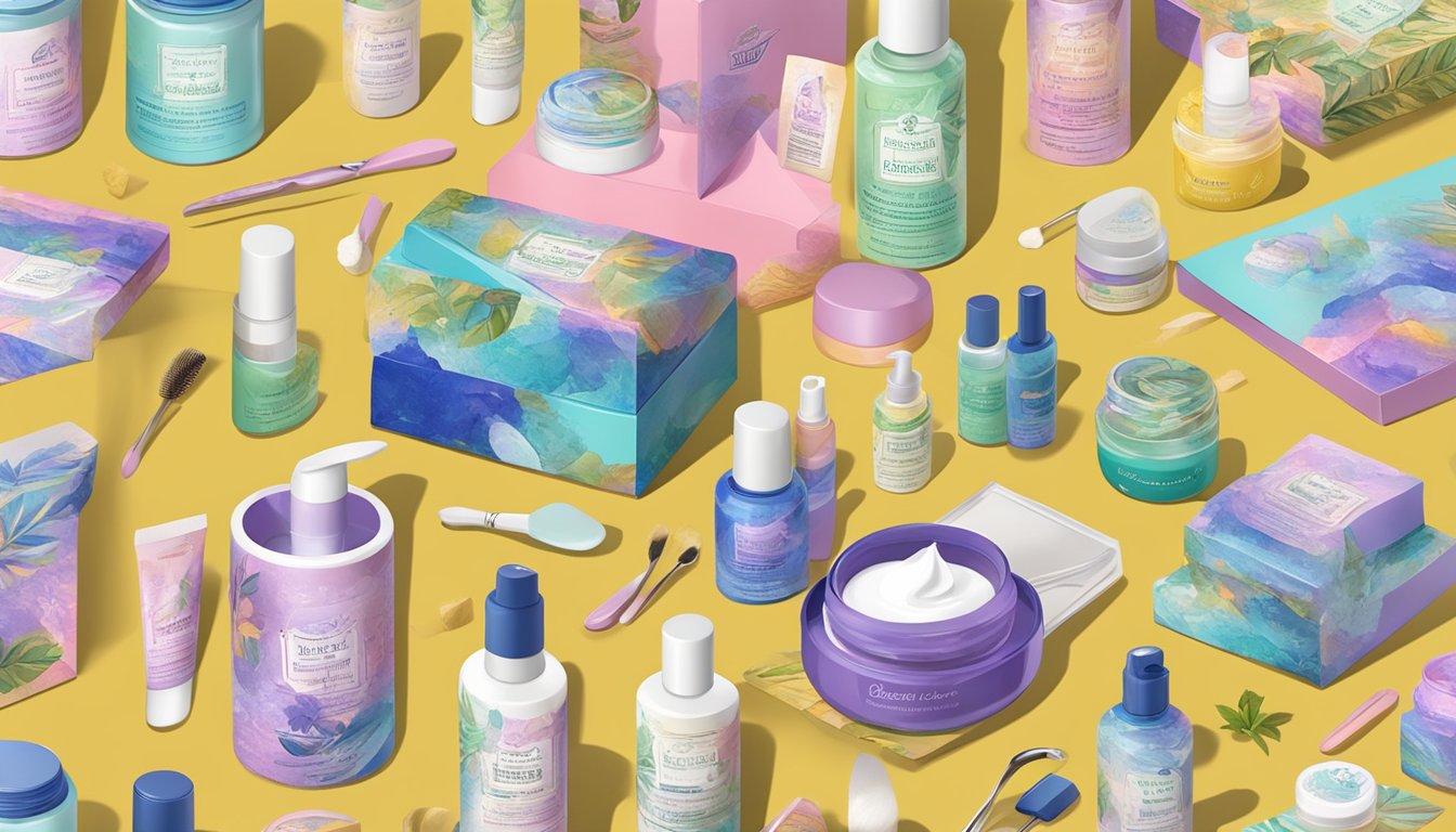 A table displays Elizavecca skin care products with vibrant packaging and various beauty tools