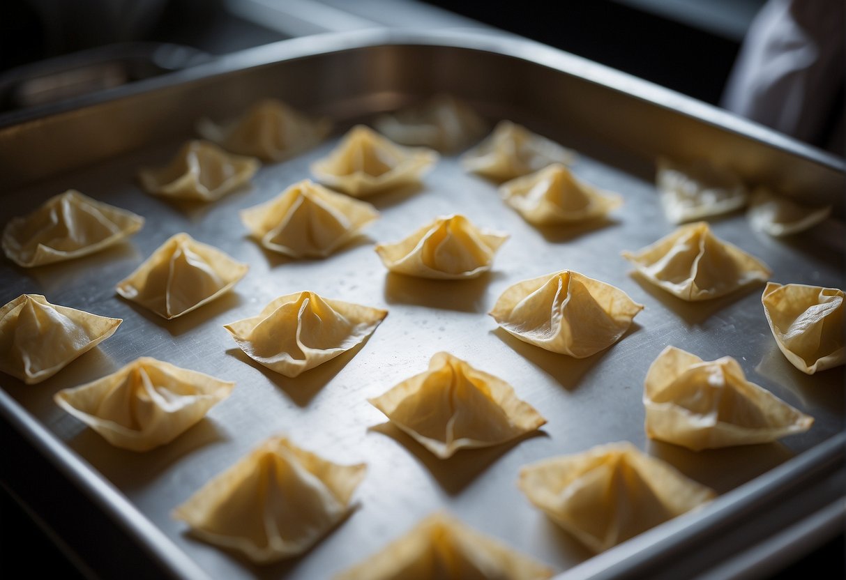 The chef lays out wonton wrappers, scoops filling, and folds them into traditional shapes