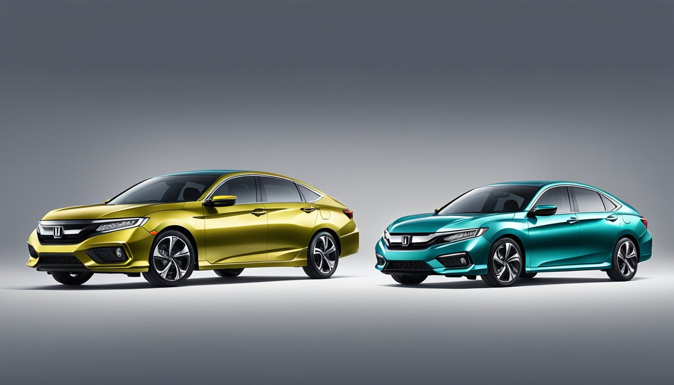 A lineup of shiny new Honda cars, each showcasing the latest models with sleek designs and modern features