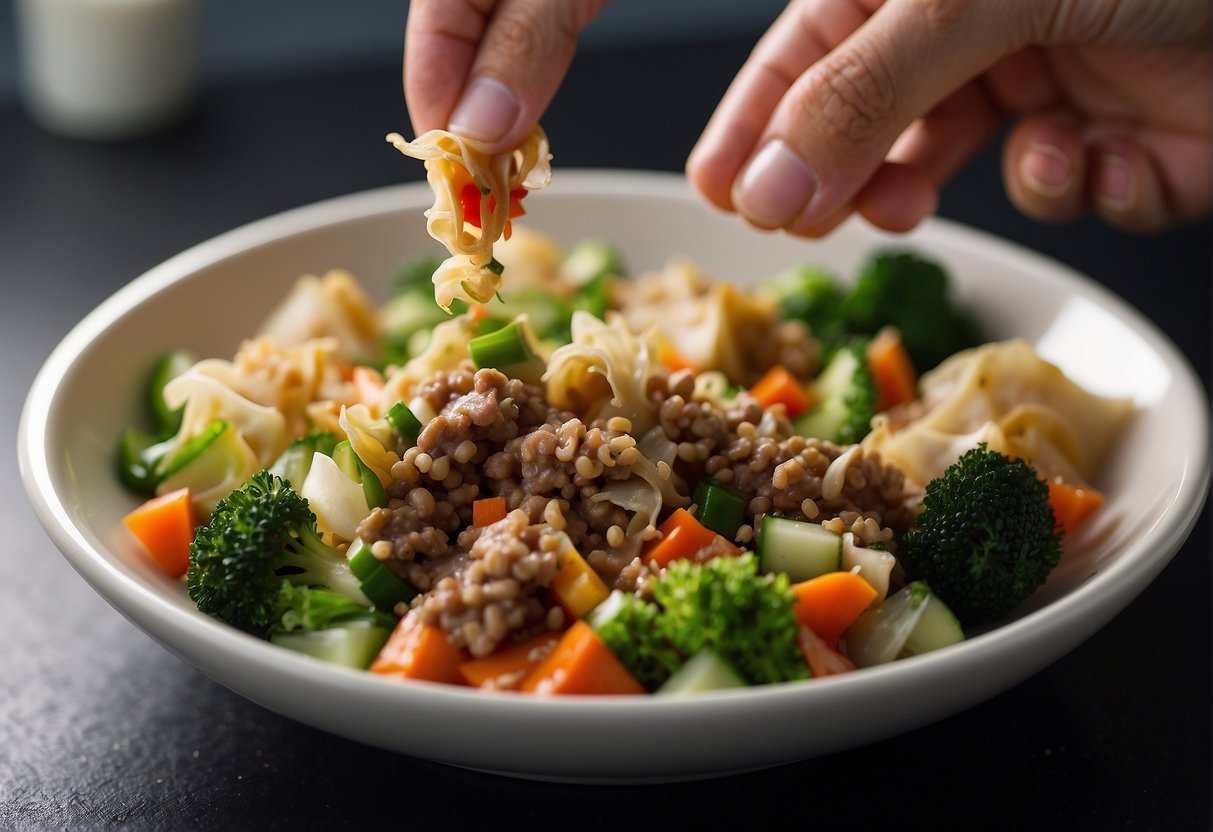 A hand sprinkles seasoning onto a bowl of finely chopped vegetables and ground pork, preparing the perfect Chinese wonton filling