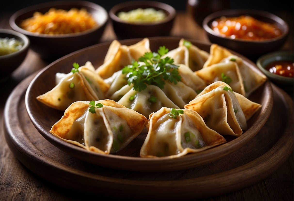 A table set with a platter of freshly made Chinese wonton filling, surrounded by small bowls of various dipping sauces