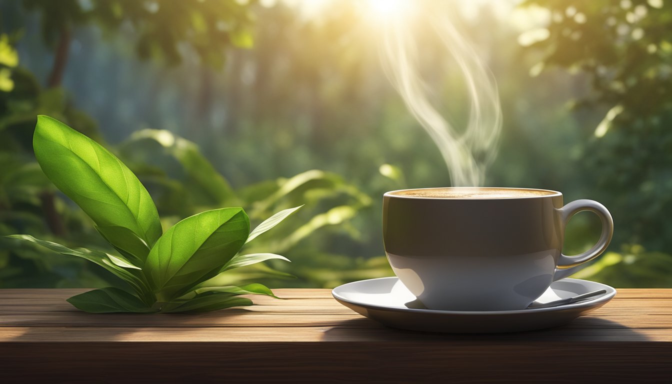 A steaming cup of kopi sits on a rustic wooden table, surrounded by lush greenery and the sounds of nature. The morning sun casts a warm glow, inviting you to savor the rich aroma and smooth flavor of the best kopi