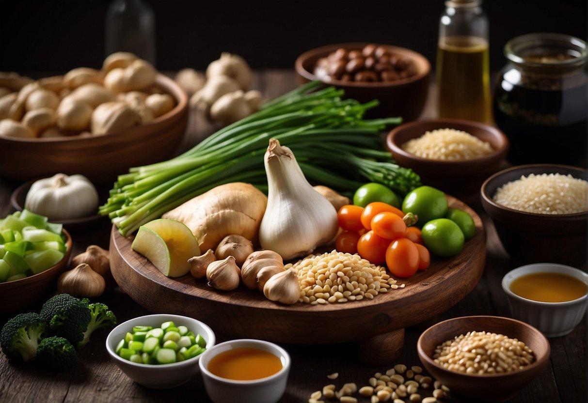 A table filled with ingredients: soy sauce, ginger, garlic, sesame oil, green onions, and various vegetables for Chinese appetizers
