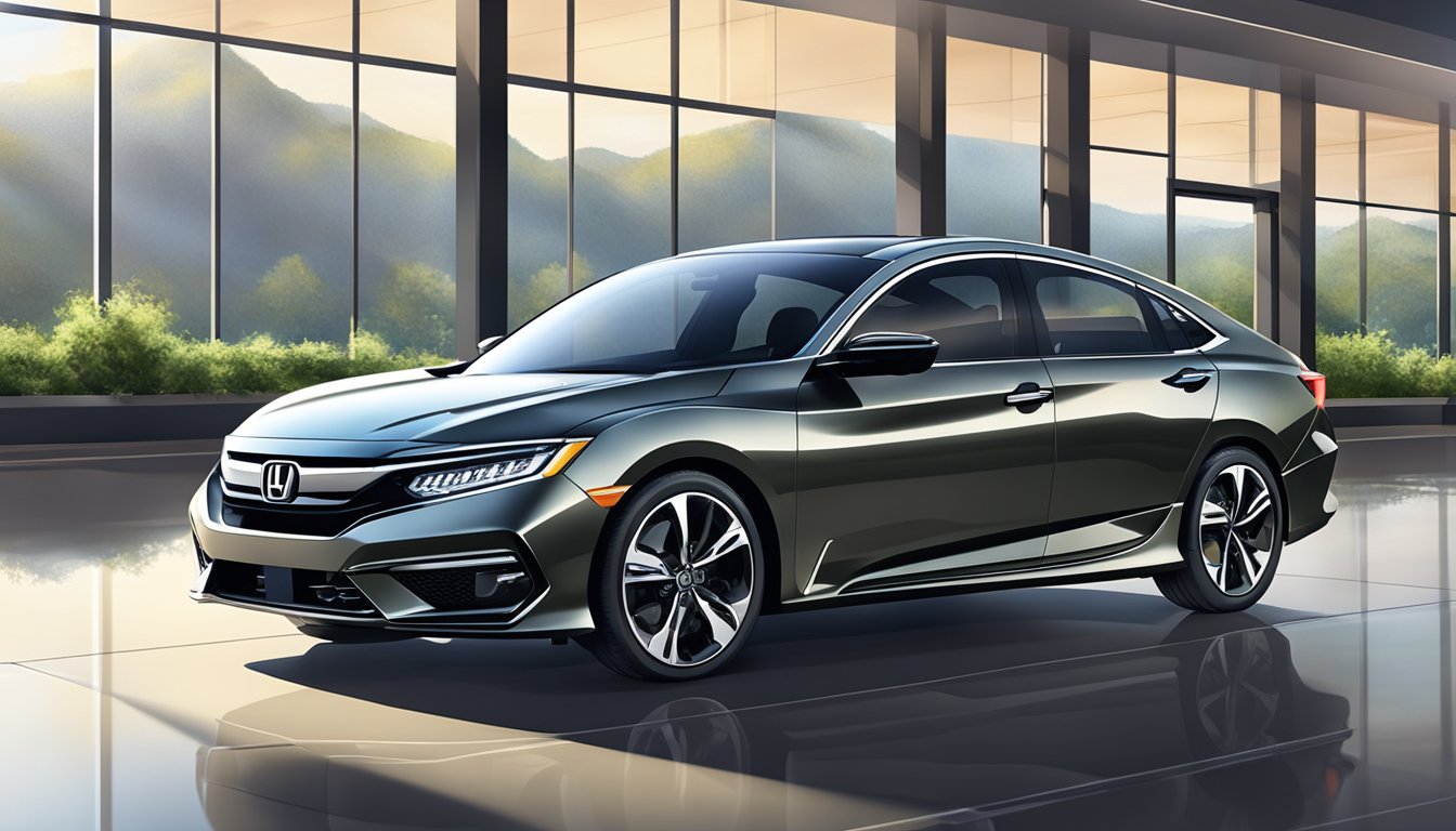 A shiny new Honda sits in a dealership showroom, with a price tag displayed prominently on the windshield. The brand logo is visible on the front grille