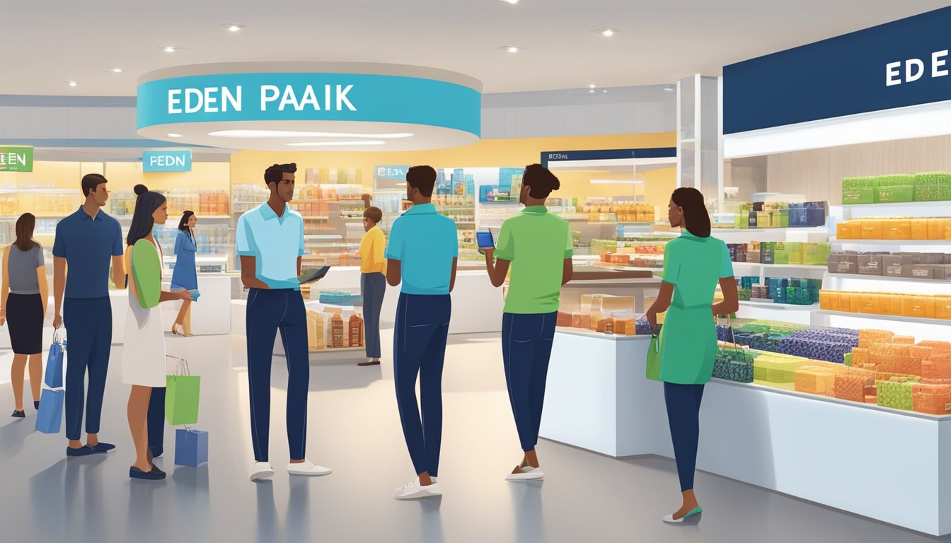 Customers enjoying Eden Park brand products in a modern, sleek retail environment with friendly, attentive staff