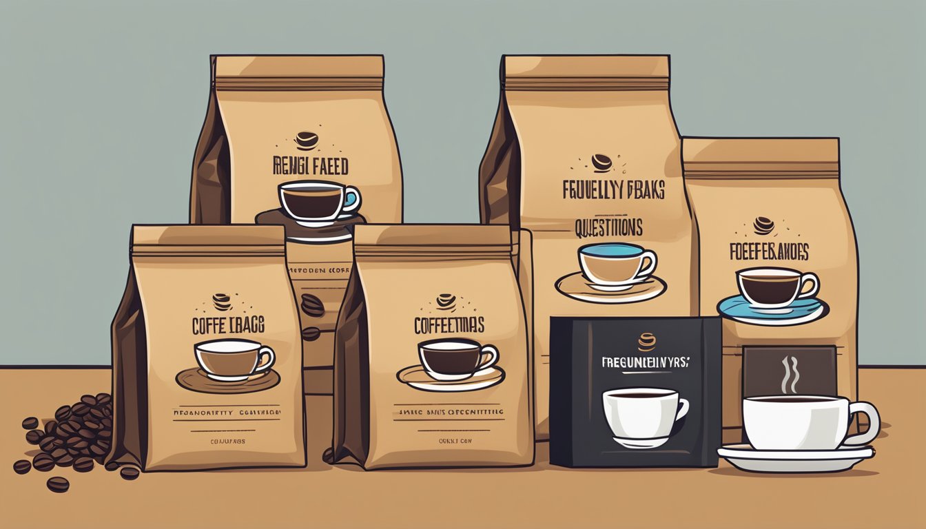 A stack of branded coffee bags with a "Frequently Asked Questions" label, surrounded by steaming cups and coffee beans