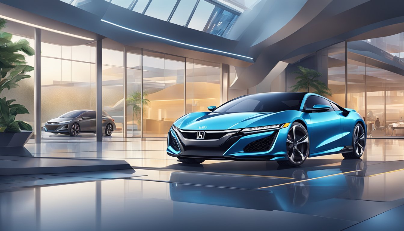 A sleek, modern Honda sits in a bright showroom, surrounded by cutting-edge technology and futuristic design elements