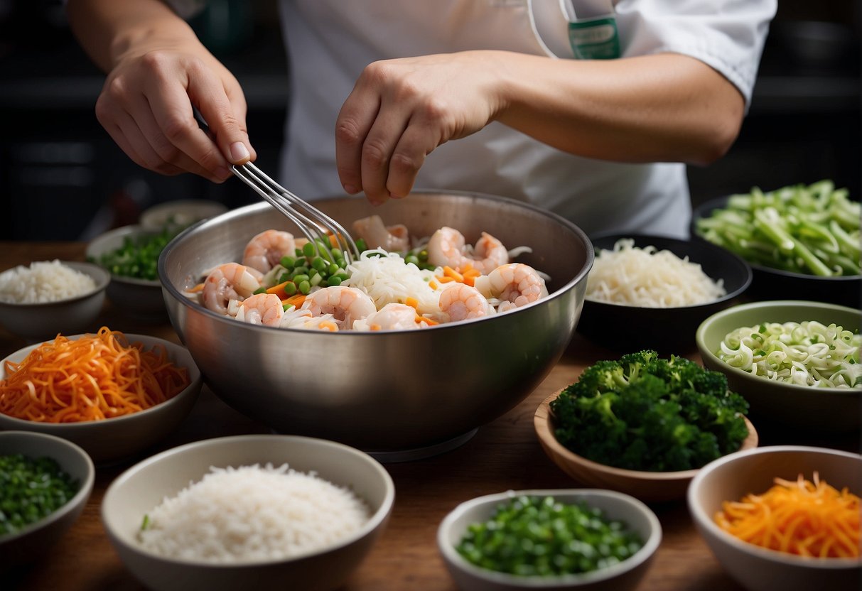 A table filled with various ingredients such as ground pork, shrimp, green onions, and seasonings. A chef carefully measures and mixes the ingredients in a large bowl, preparing to fill the wonton wrappers