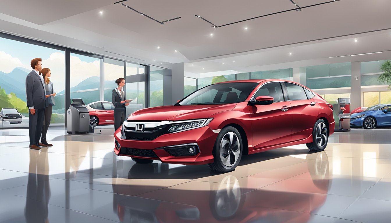 A brand new Honda parked in a spacious, well-lit showroom with a clean, modern design and friendly staff assisting customers