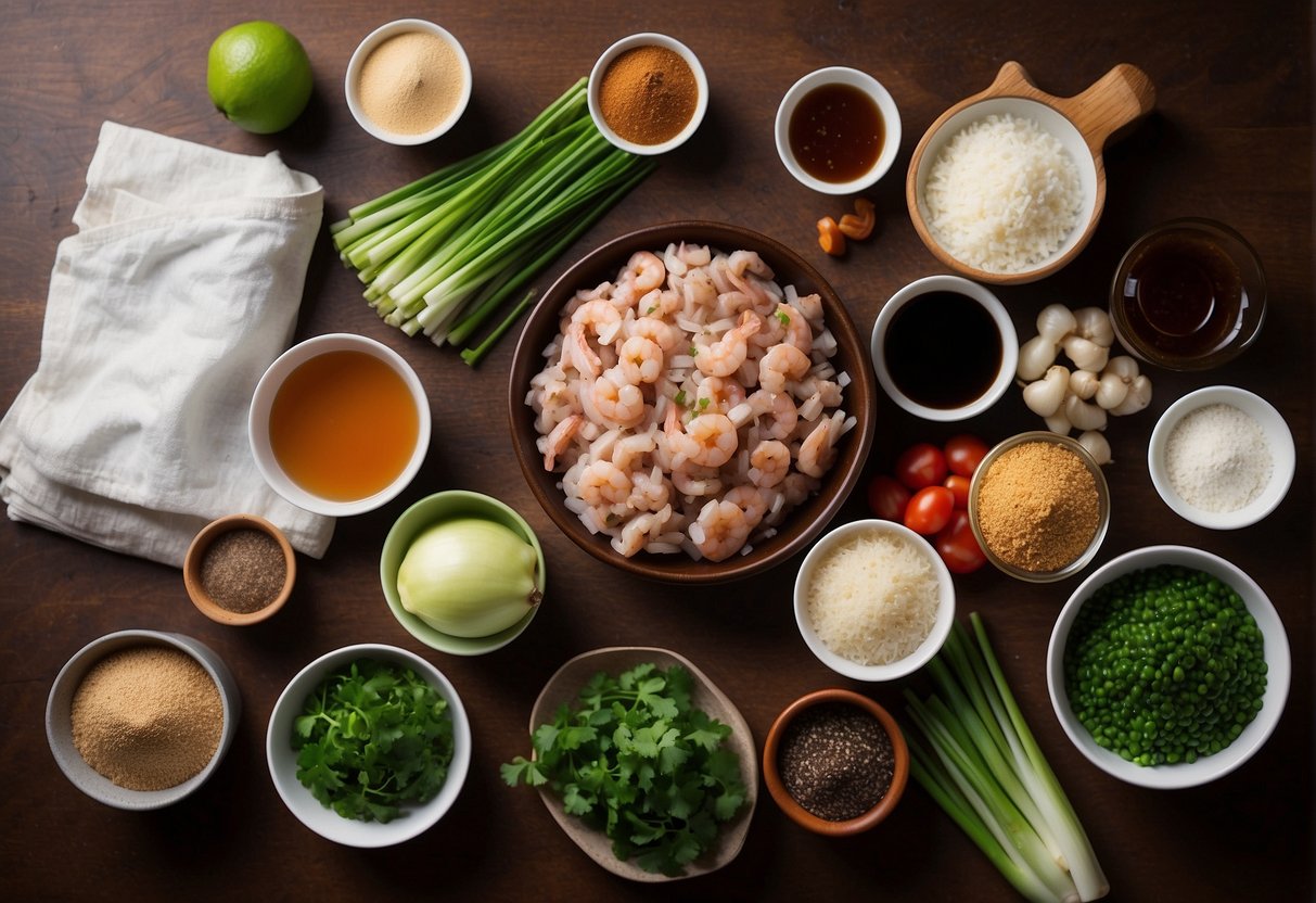 A table filled with various ingredients such as ground pork, shrimp, green onions, ginger, soy sauce, and seasonings. Mixing bowls, utensils, and a recipe book are scattered around the workspace