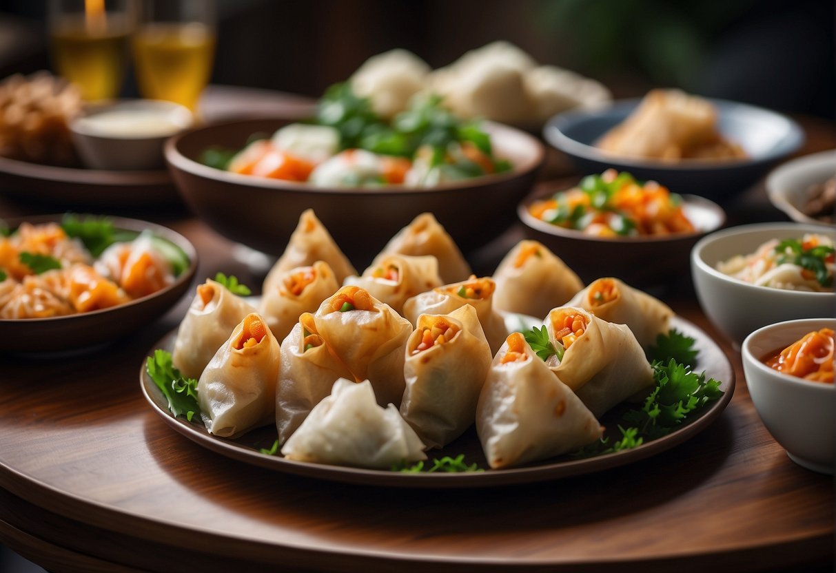A table set with various popular Chinese appetizers, including spring rolls, dumplings, and wontons, arranged on decorative plates and serving dishes