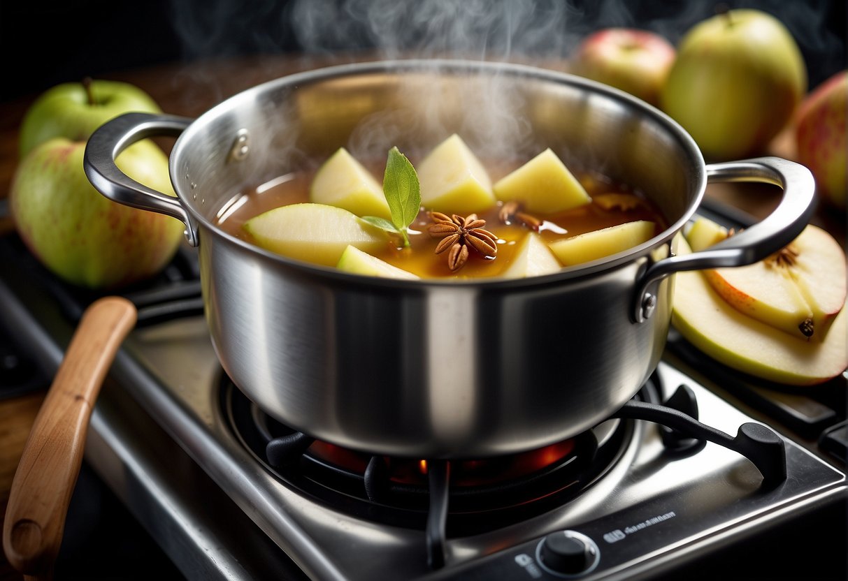 A pot simmers on a stove with sliced apples and pears in a clear, fragrant broth. Ingredients surround the pot, including ginger, rock sugar, and goji berries