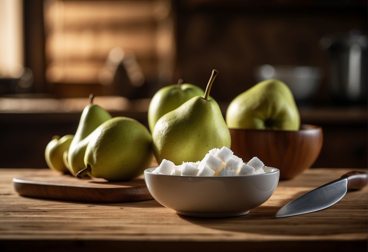 Fresh apples and pears on a wooden cutting board next to a knife and bowl of sugar, ready to be peeled and sliced for Chinese soup