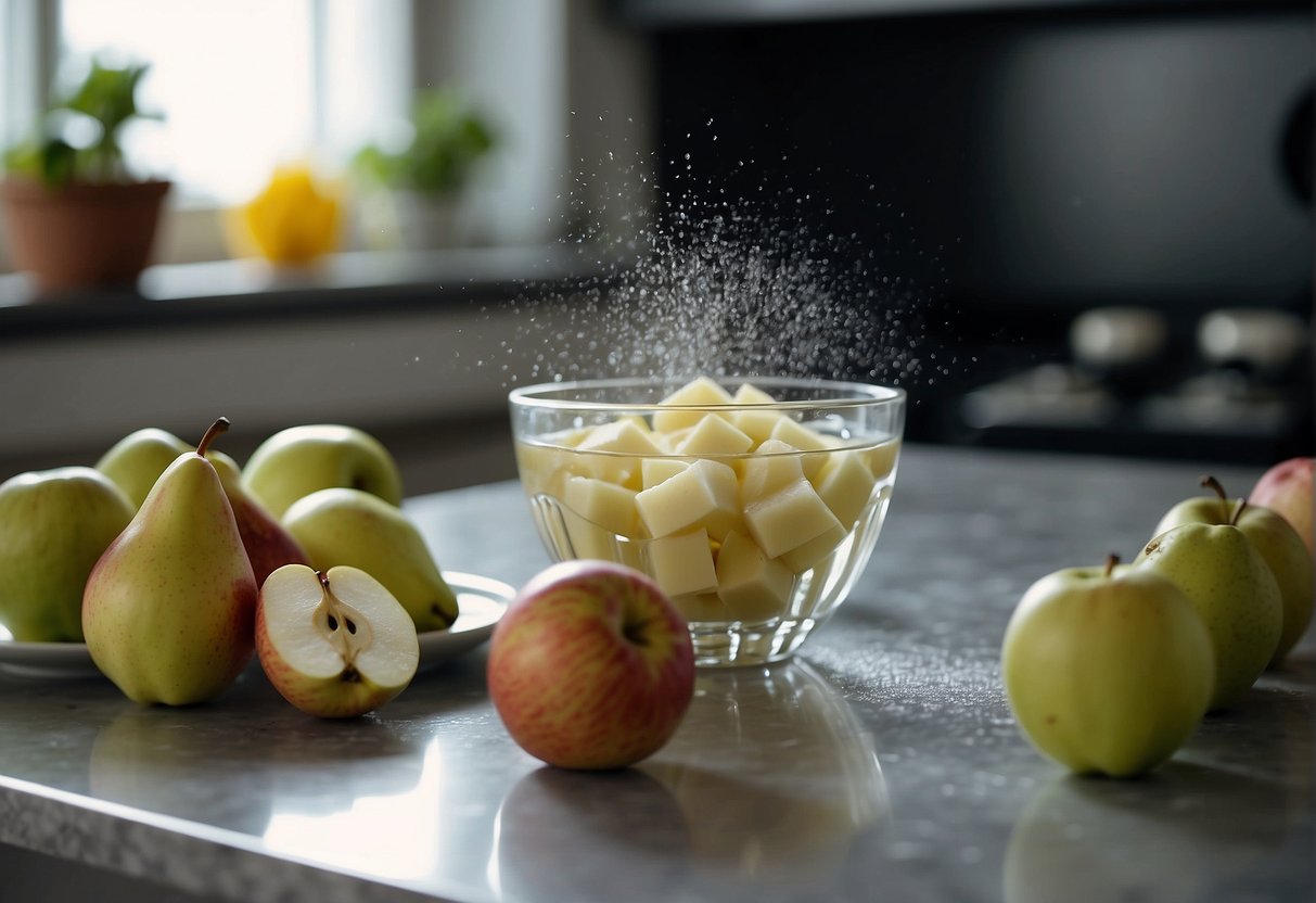 Fresh apples and pears being peeled and chopped. A pot of water boiling on the stove. Ingredients like ginger and rock sugar laid out on a clean countertop
