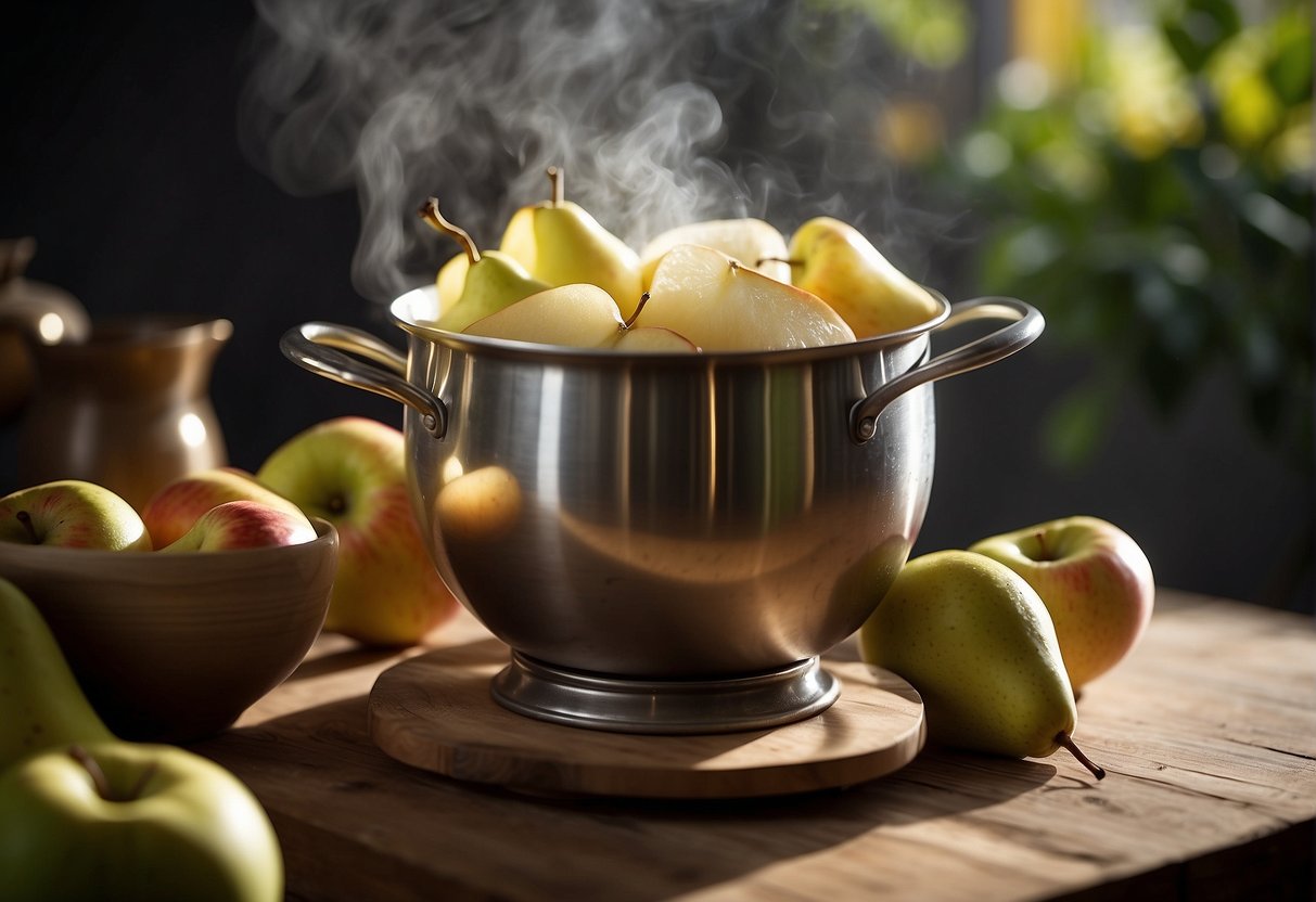 Sliced apples and pears simmer in a pot of clear broth with ginger and rock sugar. Steam rises as the fruits soften and release their sweet aroma