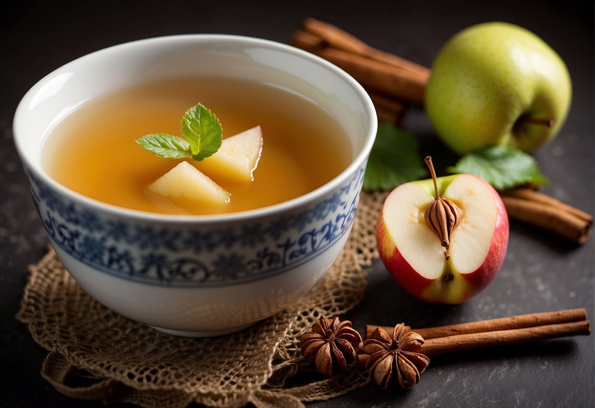 A steaming bowl of Chinese apple and pear soup, garnished with a sprinkle of cinnamon and a slice of fresh fruit