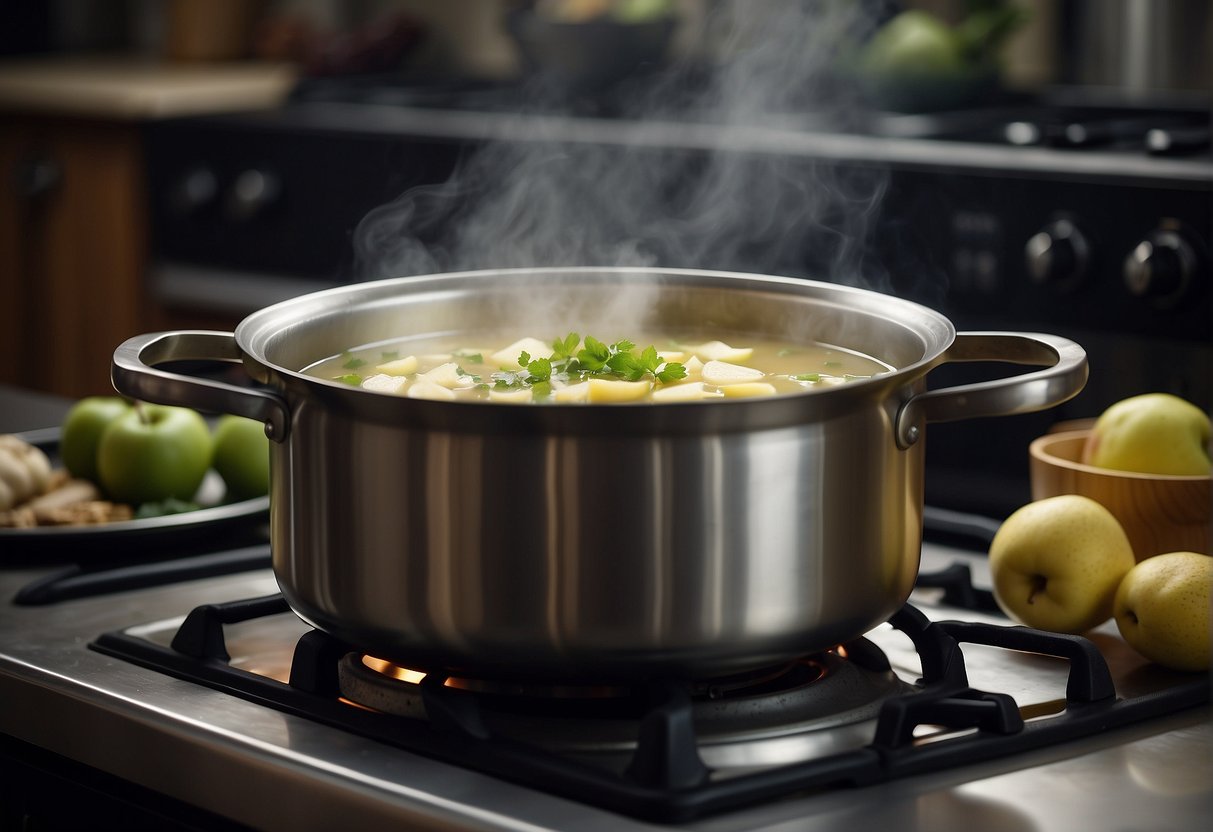 A pot of Chinese apple and pear soup simmers on a stove, filled with chunks of fruit and aromatic herbs. Steam rises from the pot, filling the kitchen with a comforting aroma