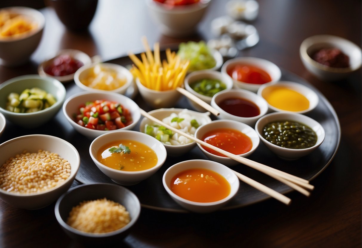 A variety of colorful dipping sauces and flavor enhancers arranged on a table, surrounded by chopsticks and small dishes