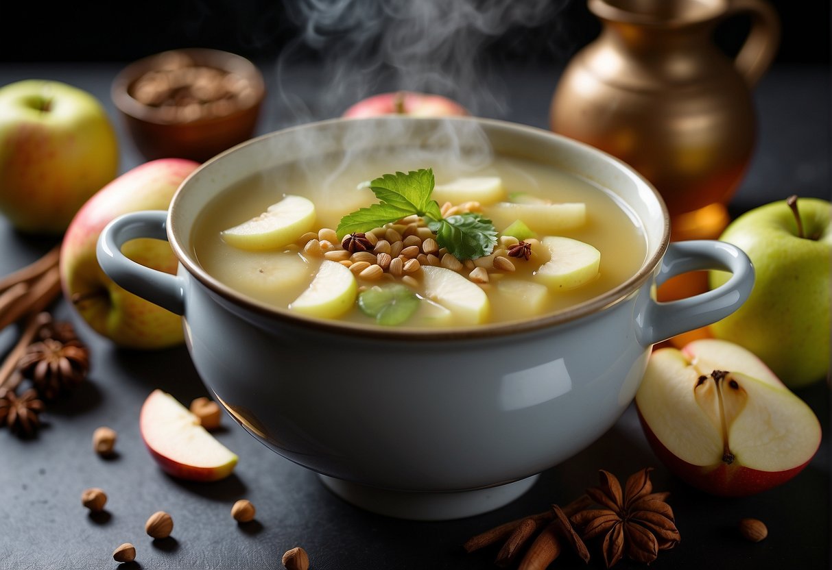 A steaming pot of Chinese apple and pear soup surrounded by fresh fruit and fragrant spices