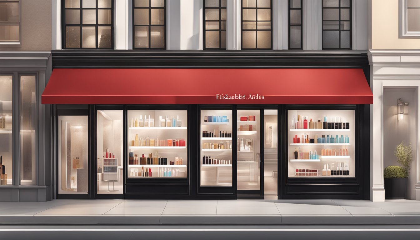 A sleek, modern storefront with the iconic Elizabeth Arden logo prominently displayed. A line of elegant skincare and makeup products arranged neatly in the window